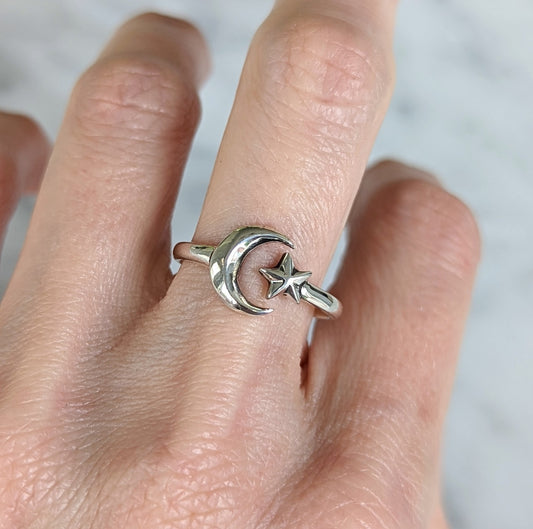 Sterling Star and Moon Ring